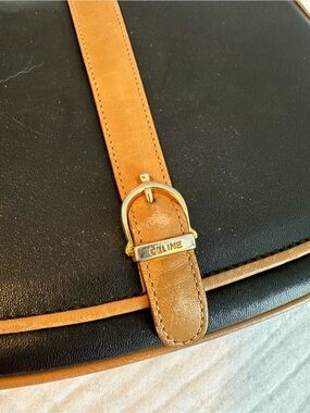 Celine Black Leather Saddle Bag with Tan Strap & Gold Hardware